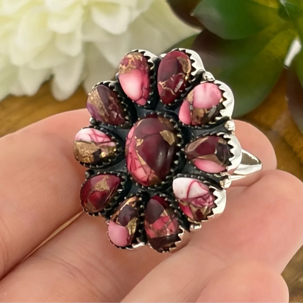 Pure Sterling Silver 925 Red Dahlia Turquoise Cluster Ring Size 7 Navajo Style - Picture 9 of 12
